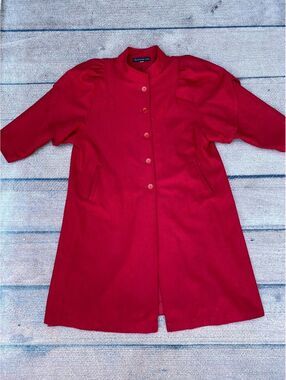 1980's power shoulder cherry red full length wool coat Made in U.S.A. size 26